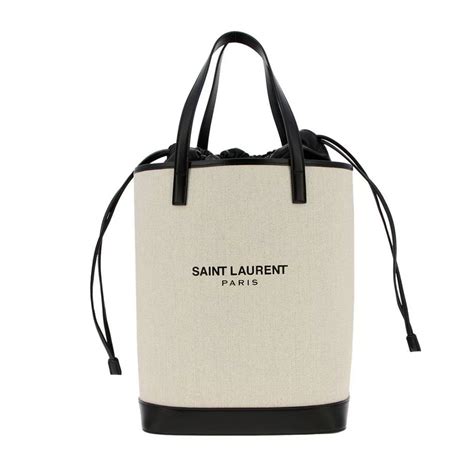 Saint Laurent Teddy White Coated Linen Drawstring Bucket Bag.